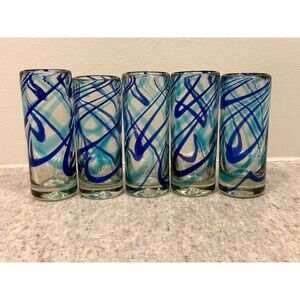 Set of 5 Mexican Hand-Blown Cobalt Blue Ribbon Swirl Shot Glasses